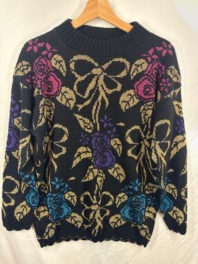 Vintage Dana Scott Metallic Bow Rose Sweater Made in USA Women’s Small